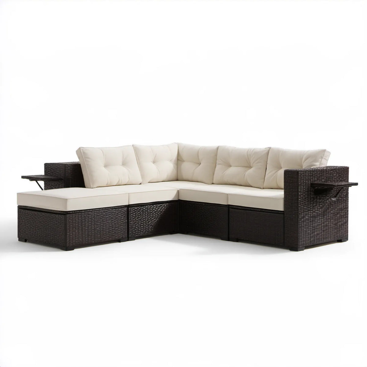 Narożna sofa ogrodowa z technorattanu ciemnobrązowa z kremowymi poduszkami, 230 × 170 × 65 cm