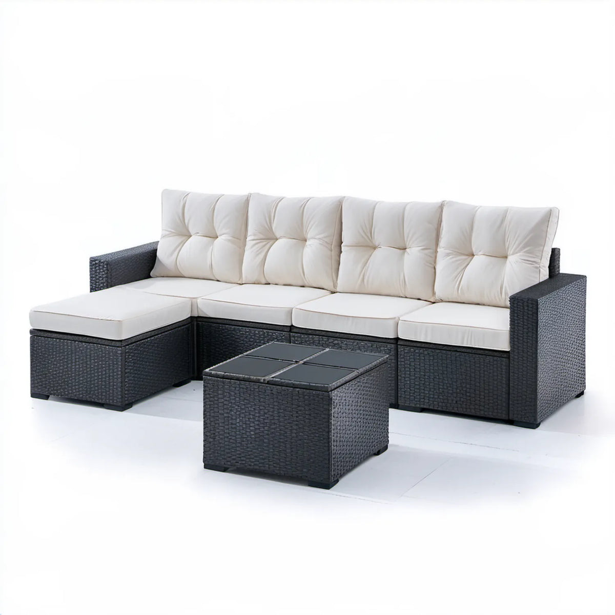 Narożna sofa ogrodowa z plecionki PE, czarno-kremowa, ze stolikiem 250 x 185 x 65 cm