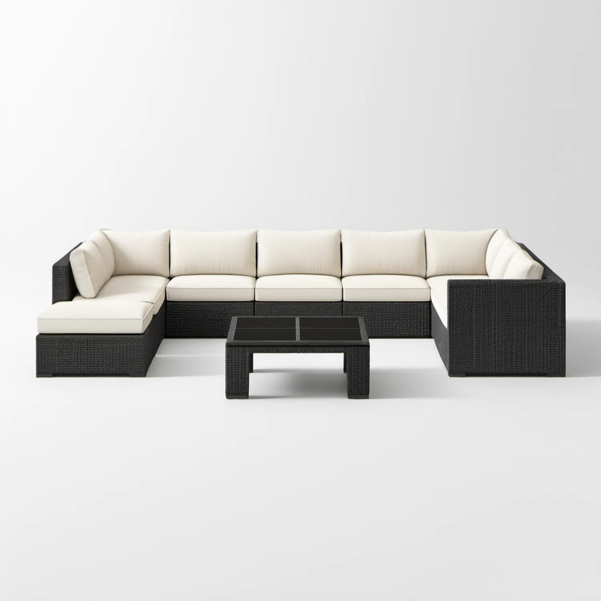 Narożny zestaw wypoczynkowy z technorattanu czarno-kremowy 300 × 200 × 73 cm ze stolikiem