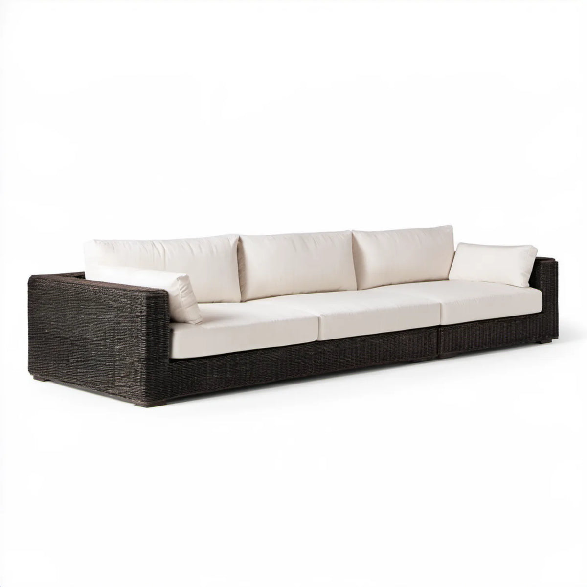 3-osobowa sofa ogrodowa z technorattanu PE, ciemnobrązowa z kremowymi poduszkami, 240 × 85 × 70 cm