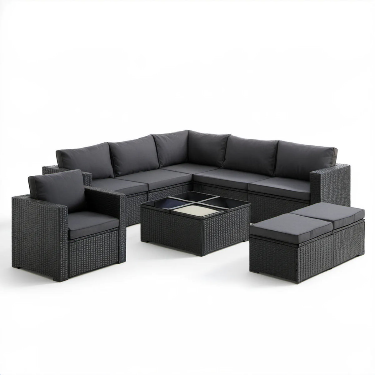 5-częściowy zestaw wypoczynkowy z technorattanu PE, czarny/ciemnoszary, sofa narożna 210 × 210 cm