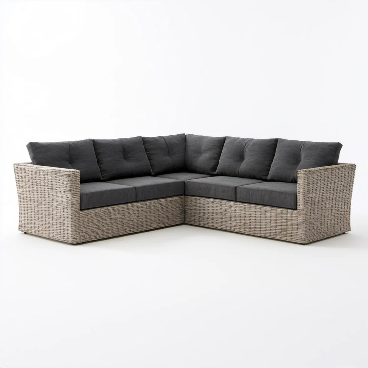 Narożna sofa ogrodowa w kształcie L z technorattanu PE, szaro-beżowa z grafitowymi poduszkami, 220 x 220 x 85 cm