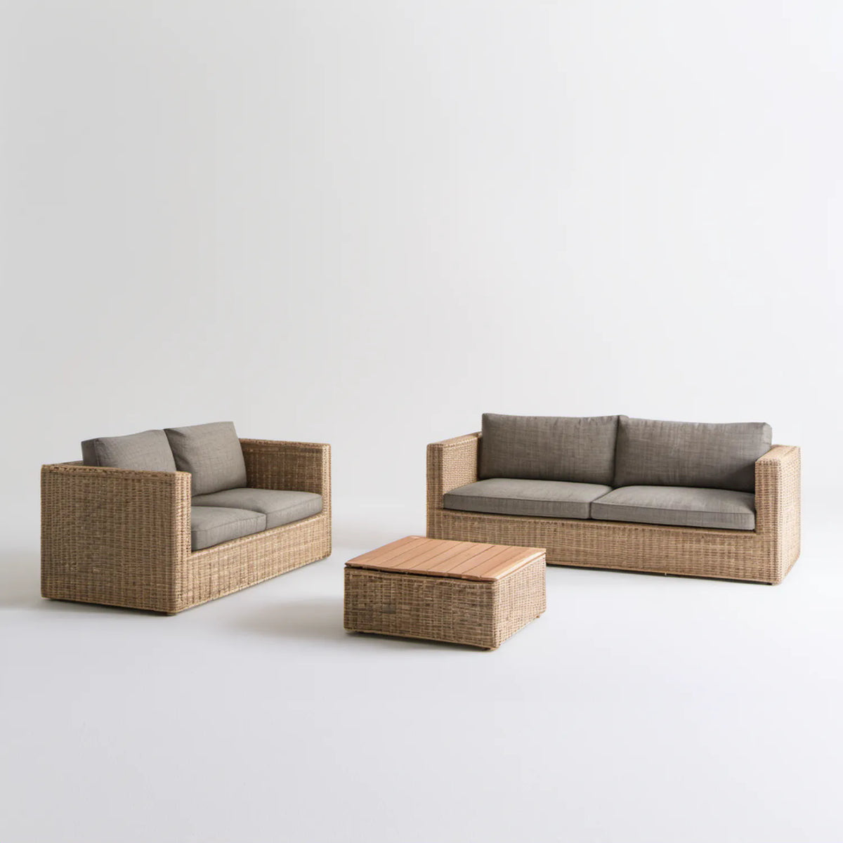 3-częściowy zestaw mebli ogrodowych z technorattanu, beżowy/szary/brązowy – sofa 190 × 78 × 75 cm, sofa 140 × 78 × 75 cm, stolik 100 × 60 × 42 cm