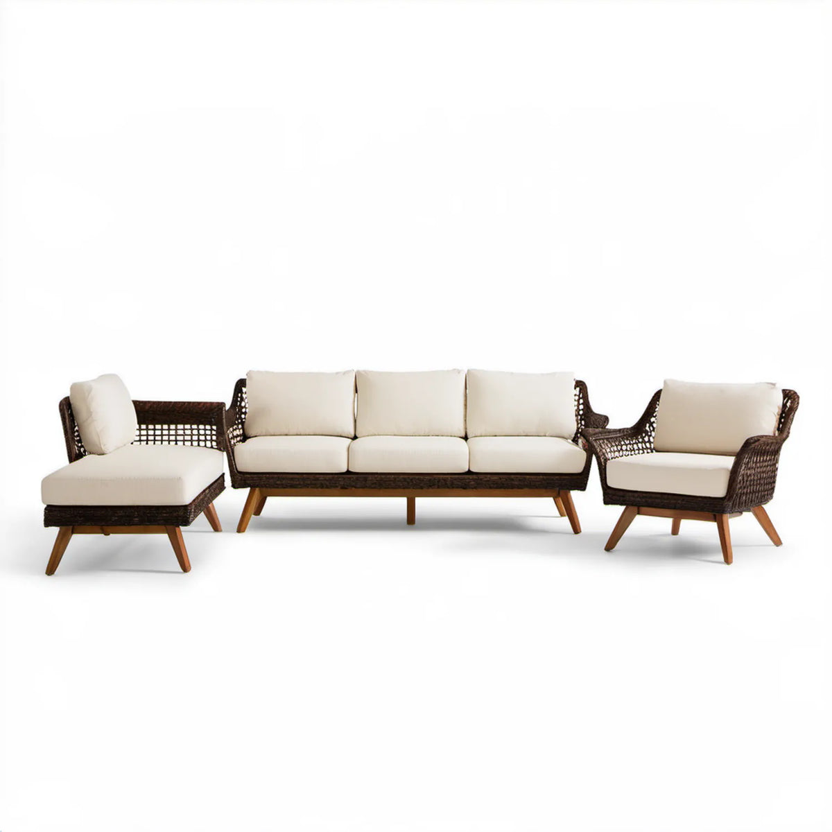 Zestaw wypoczynkowy z technorattanu: sofa 3-osobowa 210 x 78 x 80 cm i 2 fotele, ciemnobrązowy/kremowy