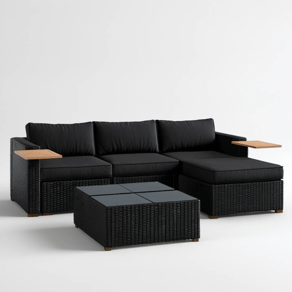Czarny narożny zestaw wypoczynkowy z technorattanu 220 x 150 x 65 cm ze stolikiem 90 x 60 x 35 cm