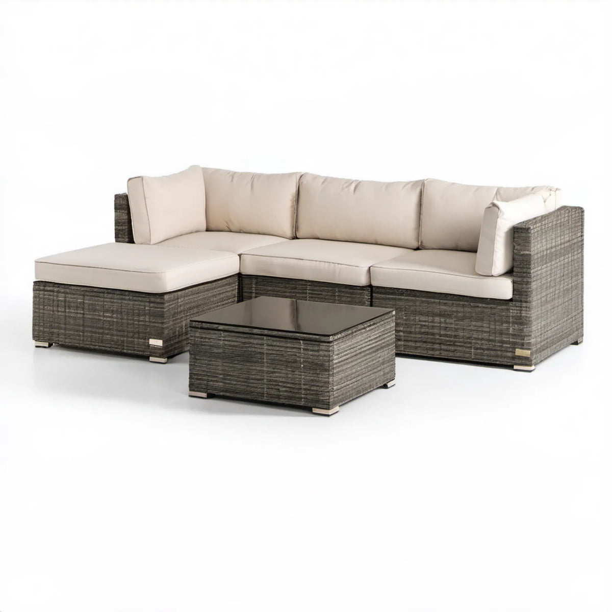 Narożna sofa ogrodowa z technorattanu ze stolikiem, szara/beżowa/czarna, 215 x 145 x 65 cm