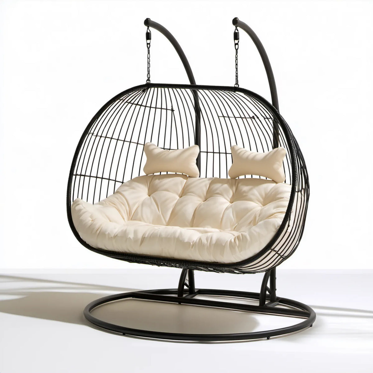 Dwuosobowy owalny fotel wiszący ogrodowy czarno-kremowy 150 × 120 × 195 cm